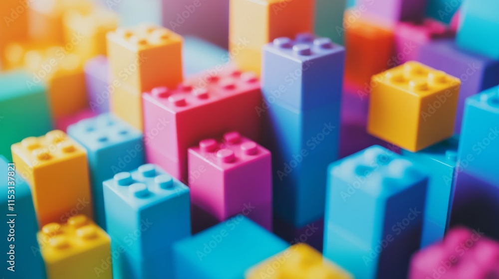 Poster A serene block-building scene with meticulously arranged colorful blocks, Playful construction style, photo of