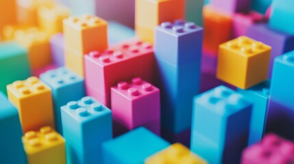 Fototapeta premium A serene block-building scene with meticulously arranged colorful blocks, Playful construction style, photo of