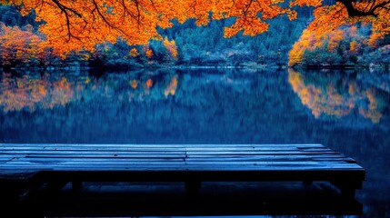 Tranquil Lake Reflection Under Autumn Leaves with Wooden Dock and Vibrant Colors