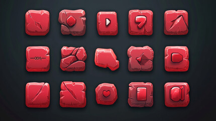 Game buttons animation set. Vector cartoon illustration of red frames with stone texture. Play, start, shop, resume, restart, login, settings, cancel, option, continue click action. Sprite sheet