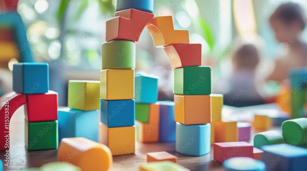 Poster a serene block-building scene with meticulously arranged colorful blocks, playful construction style