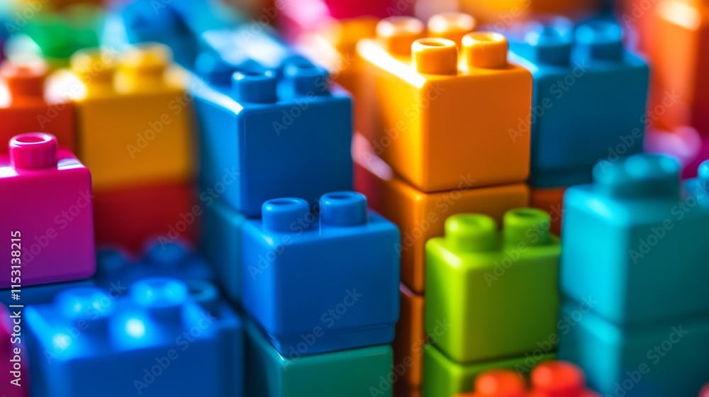 Aufkleber a serene block-building scene with meticulously arranged colorful blocks, playful construction style