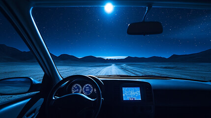 View from inside car through windshield on road in desert at night under full moon light. Cartoon vector driverless automobile interior with steering wheel, control dashboard with gps navigator.