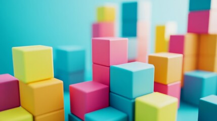 Obraz premium A serene block-building scene with meticulously arranged colorful blocks, Playful construction style, photo of