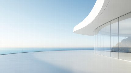 Obraz premium A white, minimalist, modern house with large glass windows overlooking the sea