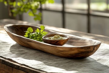 Rustic Wooden Serving Bowl with Cilantro and Guacamole: A Culinary Still Life Photography