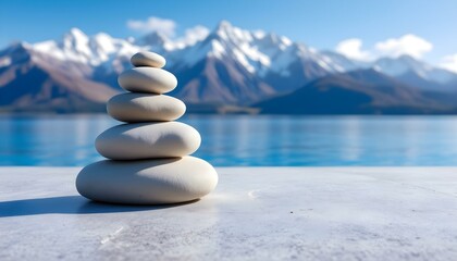 stones, stacked, smooth, balanced, serene, composition, flat, surface, mountain, range, background, blue, sky, clear, nature, peaceful, tranquil, harmony, zen, calm, minimalist, scenic, landscape,