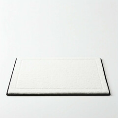 white shag rug with black trim on a white background