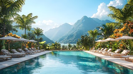 Obraz premium Tropical Resort Pool Overlooking Majestic Mountains