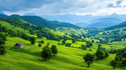 Obraz premium Serenity of Lush Green Valley Under Soft Cloudy Sky with Distant Mountain Range
