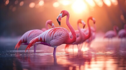 Naklejka premium A serene scene of flamingos standing in water during sunset.