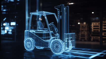 Hologram forklift. A holographic projection of a forklift. Flickering energy flux of particles. The scientific design of the logistics.