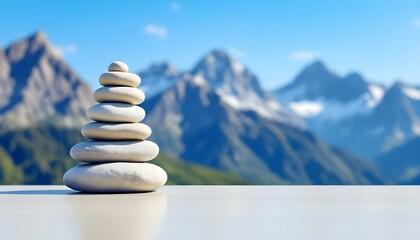 Obraz premium stones, stacked, smooth, balanced, serene, composition, flat, surface, mountain, range, background, blue, sky, clear, nature, peaceful, tranquil, harmony, zen, calm, minimalist, scenic, landscape,