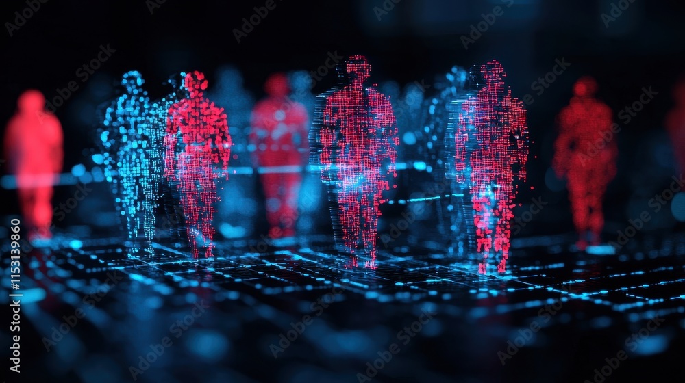 Poster digital human representation with data visualization concept in blue and red colors