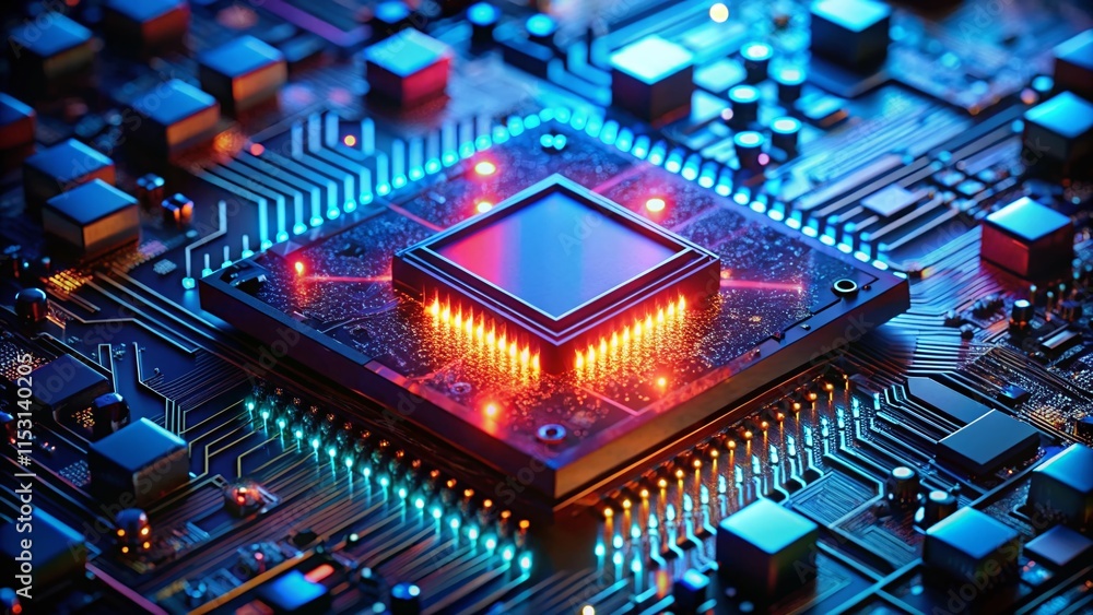 Poster glowing processor chip on circuit board with red and blue leds - candid close-up stock photo
