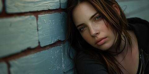 Fototapeta premium portrait of a woman sit with wall