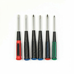 six screwdrivers with red blue and green handles isolated on white background