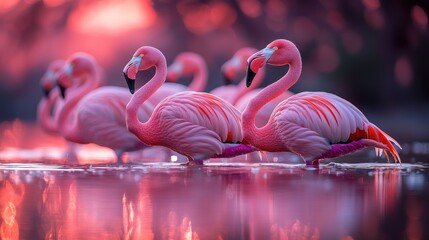 Naklejka premium A serene scene of flamingos wading in calm waters during a colorful sunset.