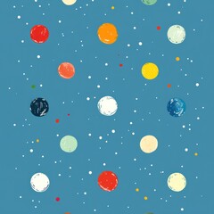 A whimsical illustration of colorful circles against a blue background, resembling celestial bodies.