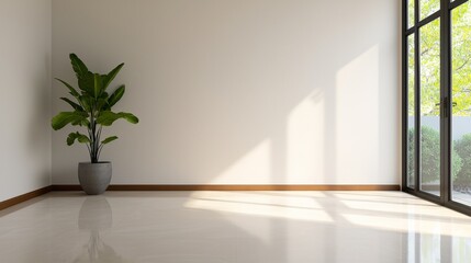 A bright, minimalist interior featuring a potted plant by a floor-to-ceiling window, creating a serene and inviting atmosphere.
