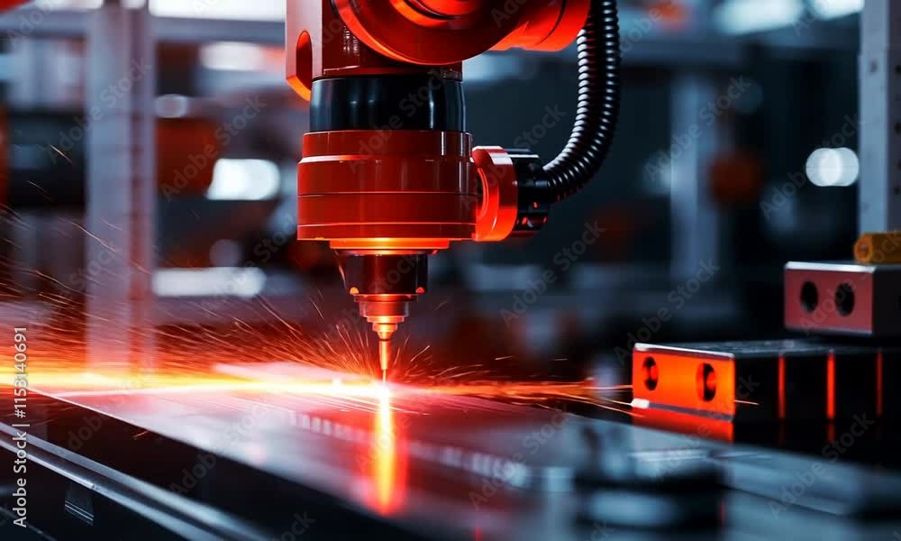 Poster a close-up of a laser cutting machine in action, demonstrating precision and technology in modern ma