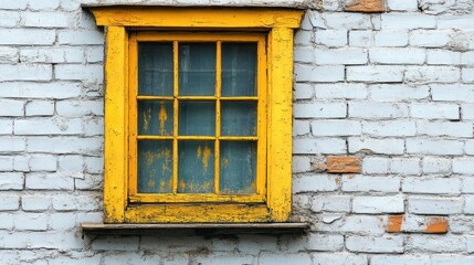 Fototapeta premium A weathered yellow window frame on a brick wall, showcasing rustic charm and texture.