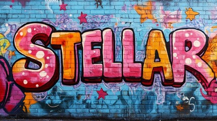 word " STELLAR , paint on wall with grungy graffiti style, Gen Z slang,  an extremely high standard or excellent