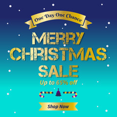 Merry Christmas Sale banner with Up to 65% off, Christmas Sale Poster for Retail, Shopping and Social Media and web Ads. Christmas Sale Banner in Blue and gold style. 65% Discount. One Day One Chance.