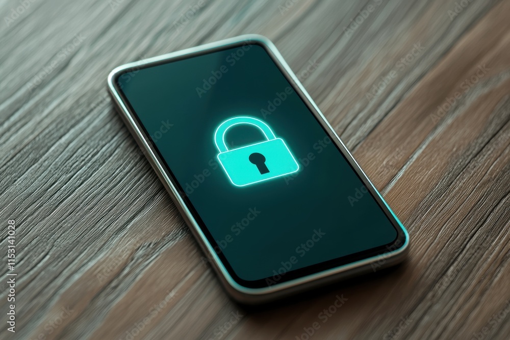 Poster a smartphone displaying a lock icon on its screen, symbolizing security and privacy, placed on a woo