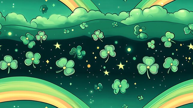 A mystical rainbow arching high above rolling green hills, ending in a shining pot of gold surrounded by glowing clovers and sparkles, dreamy clouds in the distance and vibrant colors throughout.