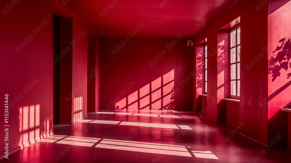 Poster red abstract minimalistic room studio background with leafs shadows and sunlight, summer red room li