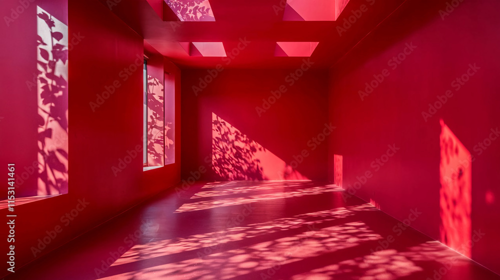 Poster red abstract minimalistic room studio background with leafs shadows and sunlight, summer red room li
