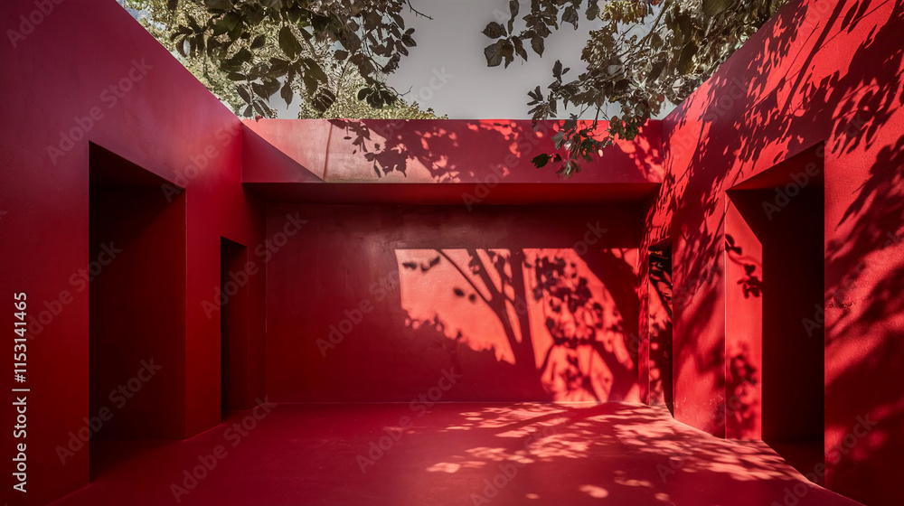 Poster red abstract minimalistic room studio background with leafs shadows and sunlight, summer red room li