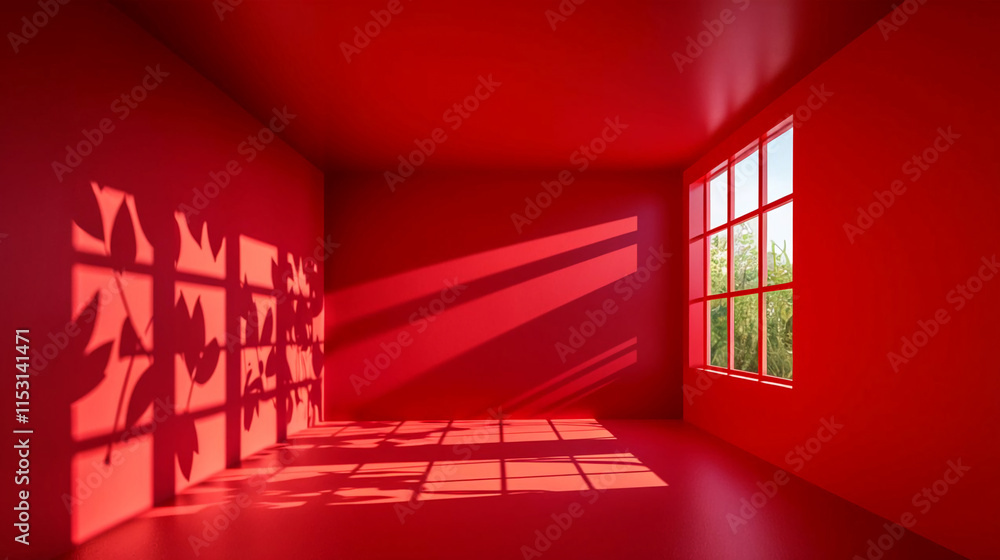 Poster red abstract minimalistic room studio background with leafs shadows and sunlight, summer red room li