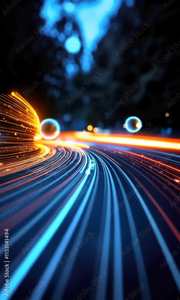 Poster a mesmerizing capture of vibrant light trails on a road, illustrating the motion and energy of the c