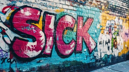 Obraz premium grungy street wall painted in graffiti style with Gen Z slang word 