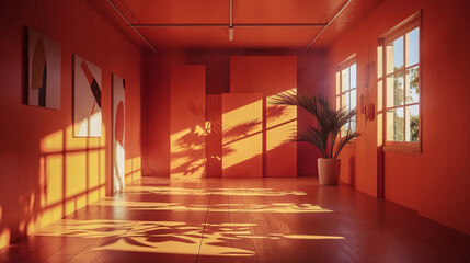 Orange abstract minimalistic room studio background with leafs shadows and sunlight, summer orange room light clean empty background
