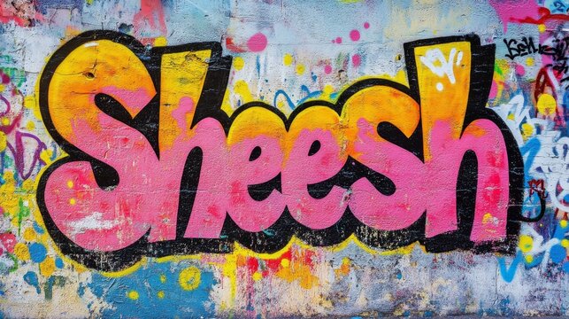  grungy street wall painted in graffiti style with Gen Z slang word " Sheesh " the word express a range of emotions, including amazement, admiration, surprise, annoyance, or disappointment