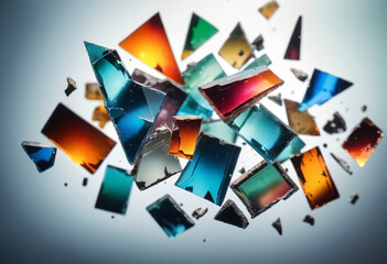 blurred background of broken colorful pieces of glass turned at different angles, flying in space, reflecting glare of light