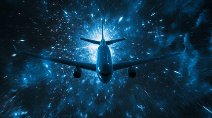 Naklejka premium The plane of the blue glowing dots. Single-engine plane view from below