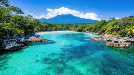 Obraz premium Tropical Paradise with Crystal Clear Water and Lush Greenery Near a Majestic Mountain