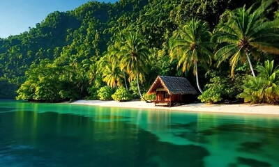 A serene tropical beach with crystal clear waters, surrounded by lush green mountains and a cozy wooden house.