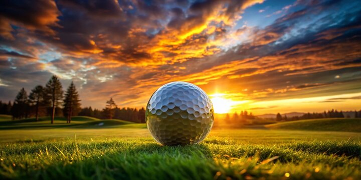 Golden Hour Golf: Sunset Double Exposure with Golf Ball on Horizon - Stock Photo