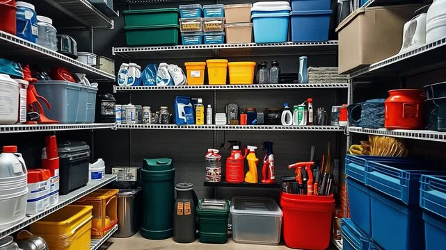 A tidy, well-maintained storage area with a variety of containers, tools, and cleaning materials arranged on shelves.