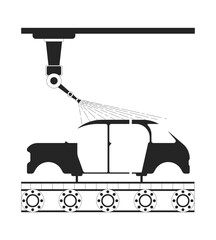 Car body airbrushing with industrial paint robot black and white 2D line object. Automatic spray coating on vehicle frame isolated clip art vector outline item. Monochromatic spot illustration