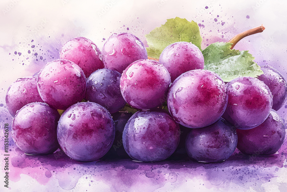 Poster a watercolor-style transparent grape, with delicate brushstrokes showing the smooth surface and tran