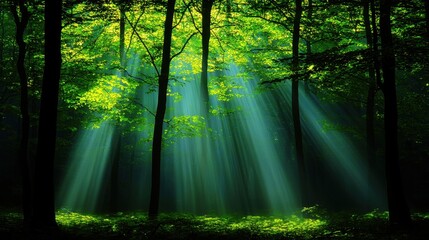 Obraz premium Sunlight Streaming Through Lush Green Leaves in Serene Forest Landscape