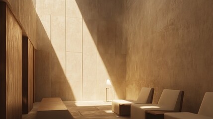Sunlit minimalist interior with beige walls and seating.