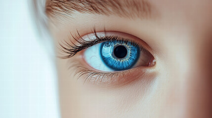 Obraz premium Close-up of a beautiful woman's blue eye with a contact lens, against a white background