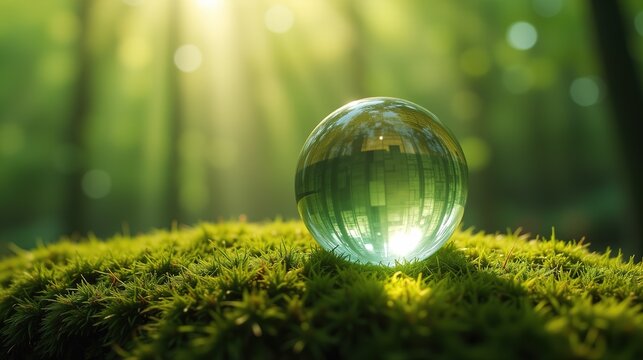  Reflective glass sphere on forest ground.